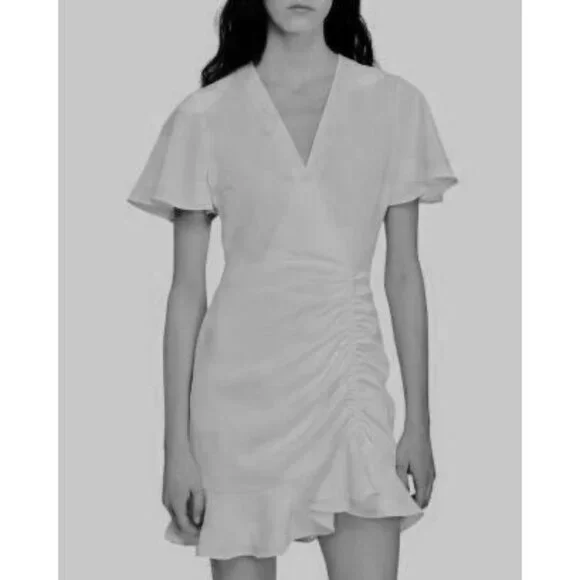 SANDRO~ALBI Ruched Ruffled Crepe Mini Dress~ Beige~EU 36 - Picture 2 of 7